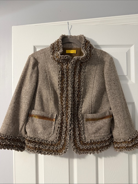 St. John Jackets & Blazers - St. John Beige Tweed Blazer with Ruffle Trim